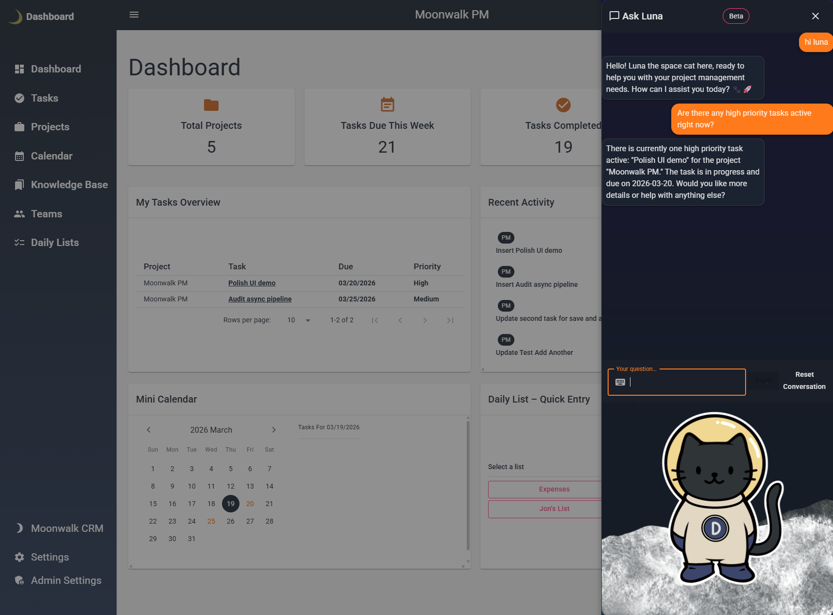 Project management dashboard